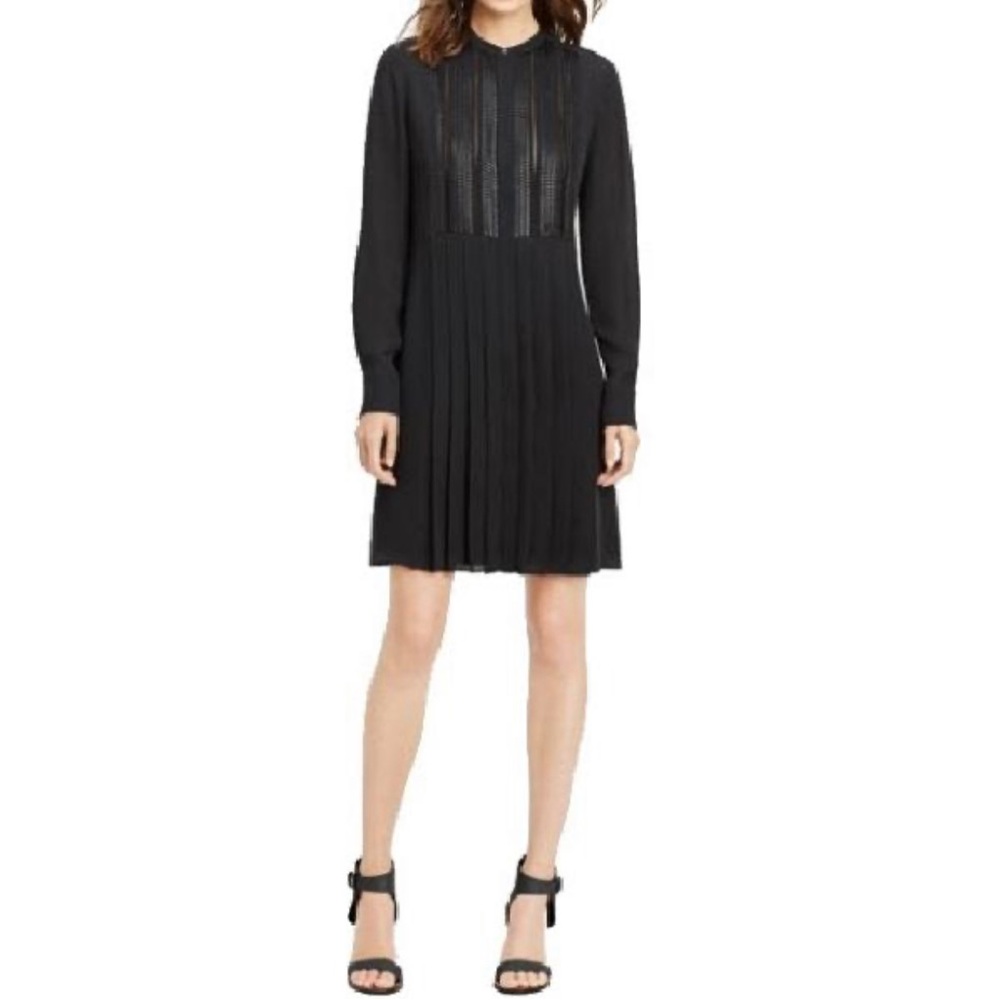Vince Black Pleated Long Sleeve Dress with Lattice Bib; Size 2